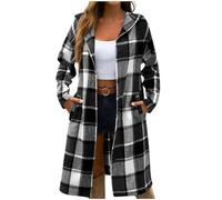 Dyhxuan Karierte Jacke Damen Lang Button Down Kapuzenjacke Langarm Trenchcoat Karo Übergangsjacke Trendy Herbst Longjacke mit Tasche