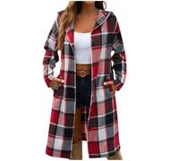 Dyhxuan Karierte Jacke Damen Lang Button Down Kapuzenjacke Langarm Trenchcoat Karo Übergangsjacke Trendy Herbst Longjacke mit Tasche