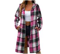 Dyhxuan Karierte Jacke Damen Lang Button Down Kapuzenjacke Langarm Trenchcoat Karo Übergangsjacke Trendy Herbst Longjacke mit Tasche