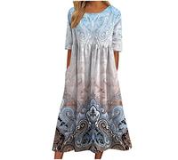 Dyhxuan Kleider Damen Blumen Druck Midikleid Kurzarm Rundhals Sommerkleid Lässig Locker A-Linien Kleid Knielang Tshirtkleid Blusenkleid Strandkleid Partykleid Freizeitkleid Urlaubskleid Skaterkleid