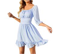 Dyhxuan Kleider Damen Elegant Einfarbige Sommerkleid Chiffon Tunika Kleid Kurzarm Minikleid mit Slash Neck Rüschensaum Partykleid Strandkleid A-Linien-Kleid Freizeitkleid Urlaubskleid Skaterkleid