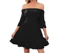 Dyhxuan Kleider Damen Elegant Einfarbige Sommerkleid Chiffon Tunika Kleid Kurzarm Minikleid mit Slash Neck Rüschensaum Partykleid Strandkleid A-Linien-Kleid Freizeitkleid Urlaubskleid Skaterkleid
