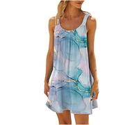 Dyhxuan Kleider Damen Marmordruck Sommerkleid Ärmellos Schulterfrei Trägerkleid Boho Plus Size Strandkleid Minikleid Partykleid Locker Urlaubskleid Freizeitkleid A-Linien Kleid Skaterkleid