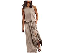 Dyhxuan Kleider Damen Mode Einfarbige Maxikleid Sexy V-Ausschnitt mit Reißverschluss Sommerkleid Ärmellos Schlitz Partykleid Bodenlang Urlaubskleid Lose Freizeitkleid mit Taschen Hauskleid