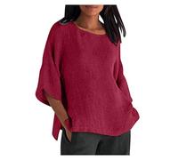 Dyhxuan Lang Leinen Bluse Damen Vintage Einfarbige T-Shirt Baumwolle Leinen Tshirt Tops Sommer Oberteile Kurzarm Rundhals Blouse Sommerbluse Shirt Sommershirts Pullover Blusentops Strandbluse