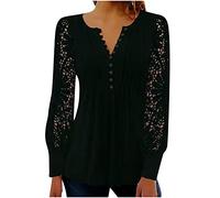 Dyhxuan Langarmshirt Damen Elegant Spitze Langarm Bluse Sexy Knöpfe V-Ausschnitt Oberteile Einfarbig Plissierte Tunika Aesthetic Longsleeve Shirt Exquisit Spitzenshirt Frühling Sommer Blusenshirt Tops