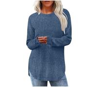 Dyhxuan Langarmshirt Damen Gerippte Langarm Oberteile Loose Rundhals Longshirt Bequem Rippstrick Tunika Top Einfarbig Casual T-Shirt Longsleeve Pullover Tshirt Seitenschlitz Longbluse Strickpullover