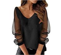 Dyhxuan Langarmshirt für Damen Trendige Tüll Pullover Langarm Bluse mit V-Ausschnitt Einfarbige Tunika Oberteile Herbst Winter Shirt All-Match Hemdbluse Abend Party Club Damenblusen