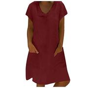 Dyhxuan Leinen Kleider Damen-Maxikleid Damen Baumwolle Leinen Sommerkleid Lässig Einfarbige Blusenkleid Locker Große Größen Strandkleid Kurzarm V-Ausschnitt Freizeitkleid Knielang A-Linien-Kleid