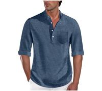 Dyhxuan Leinenhemd Herren 3/4 Arm Sommerhemd Knöpfe Stehkragen Hemd Vintage Musselin Hemden mit Tasche Regular Fit Freizeithemd Strandhemd Casual Herrenhemden Shirts