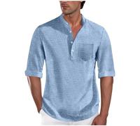Dyhxuan Leinenhemd Herren 3/4 Arm Sommerhemd Knöpfe Stehkragen Hemd Vintage Musselin Hemden mit Tasche Regular Fit Freizeithemd Strandhemd Casual Herrenhemden Shirts