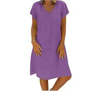 Dyhxuan Leinenkleid Damen Sommer - Sommerkleid Damen Knielang -T Shirt Kleid Damen Große Größen Lässiges Lockeres Blusenkleid V Ausschnitt Baumwolle Leinen Einfarbige Vintage Kleider Freizeitkleid