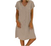 Dyhxuan Leinenkleid Damen Sommer - Sommerkleid Damen Knielang -T Shirt Kleid Damen Große Größen Lässiges Lockeres Blusenkleid V Ausschnitt Baumwolle Leinen Einfarbige Vintage Kleider Freizeitkleid