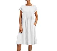 Dyhxuan Leinenkleider Damen Baumwolle Leinen Sommerkleid Lässig Einfarbige Midikleid Kurzarm Rundhals Blusenkleid Knielang A-Linien Kleid Freizeitkleid mit Taschen Strandkleid Urlaubskleid