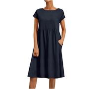 Dyhxuan Leinenkleider Damen Baumwolle Leinen Sommerkleid Lässig Einfarbige Midikleid Kurzarm Rundhals Blusenkleid Knielang A-Linien Kleid Freizeitkleid mit Taschen Strandkleid Urlaubskleid