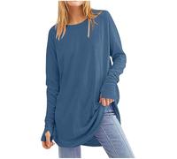 Dyhxuan Longshirt Damen Langarm Oversize Basic Langarmshirt Einfarbig Langarm Bluse mit Daumenloch Vielseitig Rundhals Longbluse Lässige Frühjahr Sommer Baumwolle Blusen Longsleeve Oberteile Tunika
