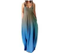 Dyhxuan Maxikleid Damen Sommer Ärmellos Trägerkleid 5XL Sexy Sling Sommerkleid Farbverlaufsdruck Strandkleid Locker V-Ausschnitt Freizeitkleid Knöchellang Urlaubskleid Partykleid mit Taschen