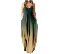 Dyhxuan Maxikleid Damen Sommer Ärmellos Trägerkleid 5XL Sexy Sling Sommerkleid Farbverlaufsdruck Strandkleid Locker V-Ausschnitt Freizeitkleid Knöchellang Urlaubskleid Partykleid mit Taschen