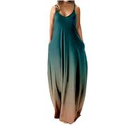 Dyhxuan Maxikleid Damen Sommer Ärmellos Trägerkleid 5XL Sexy Sling Sommerkleid Farbverlaufsdruck Strandkleid Locker V-Ausschnitt Freizeitkleid Knöchellang Urlaubskleid Partykleid mit Taschen
