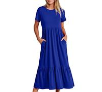 Dyhxuan Maxikleid Damen Sommer Einfarbige Sommerkleid Kurzarm Rundhals Blusenkleid Lässig Locker A-Linien Kleid Freizeitkleid mit Taschen Tunika Kleid Pyjamas Partykleid Strandkleid Urlaubskleid