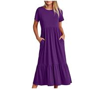 Dyhxuan Maxikleid Damen Sommer Einfarbige Sommerkleid Kurzarm Rundhals Blusenkleid Lässig Locker A-Linien Kleid Freizeitkleid mit Taschen Tunika Kleid Pyjamas Partykleid Strandkleid Urlaubskleid
