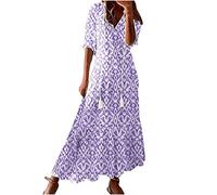 Dyhxuan Maxikleid Damen Sommer Mode Sommerkleid 3D-Druck A-Linien Kleid Kurzarm V-Ausschnitt Freizeitkleid Strandkleid mit Schnürung Blusenkleid Partykleid Knöchellang Urlaubskleid Skaterkleid