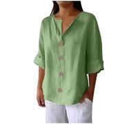 Dyhxuan Musselin Bluse Damen 3/4 Arm Baumwolle Leinenbluse V-Ausschnitt Oberteile mit Deko Knöpfe Vintage Sommer T Shirt Große Größen Blusenshirt Leicht Sommerbluse Top Elegant Damenblusen Shirt