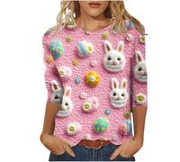 Dyhxuan Ostern Outfits Damen 3D Osterhase Bedrucken Oberteile Baumwolle 3/4 Arm Shirt Basic Rundhals Langarmshirt Lustiges Hase Print Pullover Tops Elegant Festliche Bluse Frauen T-Shirt Tunika