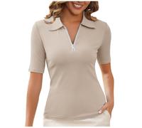 Dyhxuan Poloshirt Damen Kurzarm Polohemd Einfarbig Tennis Shirts Gerippt Strick Top Zipper V-Ausschnitt Oberteile Business Arbeit T Shirt Elegant Bluse Tunika Leicht Kurzarmshirt Revers Blusen