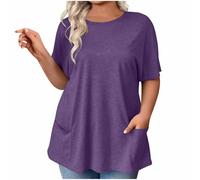 Dyhxuan Pullover Damen Einfarbig Rundhals Longshirt Große Größen Kurzarm T Shirt Einfarbig Umstandsmode mit Tasche Sommer Blusen Vintage Baumwolle Longbluse Oberteile Vielseitig Blusenshirt Tops