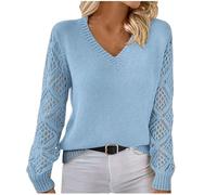 Dyhxuan Pullover Damen Elegant V-Ausschnitt Pulli Stickerei Langarm Sweater Einfarbig Strickpullover Grobstrick Sweatshirt Winter Basic Langarmshirt Locker Winterpullover Strickpulli für Frauen