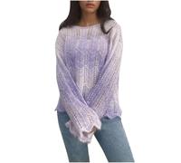 Dyhxuan Pullover Damen Farbblock Splicing Strickpullover Trendige Aushöhlen Pulli Langarm Rundhals Sweater Tops Autumn Winter Jumper Langarmshirt 2024 All-Match Longpullover Oberteile