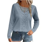 Dyhxuan Pullover Damen Spitze Patchwork Langarmshirt Waffel Langarm Pulli Modische Einfarbige Oberteile Festliche Party Tunika Langarm Rundhals Übergangs Sweater Locker Bequeme Shirt Autumn Winter