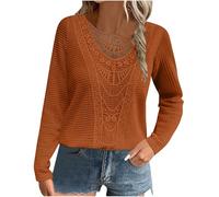 Dyhxuan Pullover Damen Spitze Patchwork Langarmshirt Waffel Langarm Pulli Modische Einfarbige Oberteile Festliche Party Tunika Langarm Rundhals Übergangs Sweater Locker Bequeme Shirt Autumn Winter