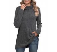 Dyhxuan Rollkragenpullover Damen Gerippt Strick Pullover Elegant Rollkragen Longshirt Einfarbig Langarm Strickpullover Seitenschlitz Longbluse Lang Rippshirt Casual Ribbed Strickpulli