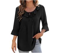 Dyhxuan Rüschenbluse Damen Elegant Rüschen Rundhals Shirt Einfarbig Plissee Pullover Longshirt 3/4 Rüschenärmel Tunika Tops Schnürschuh Longbluse Loose Fit Chiffon Bluse Komfortabel Damenblusen