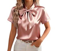 Dyhxuan Satin Bluse Damen Elegant Kurzarm Oberteile Stehkragen Satinbluse mit Fliege Sommer Festliches Blusenshirt Casual Business Outfit Tops