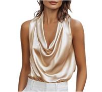Dyhxuan Satin Bluse Damen Elegant Wasserfall Ausschnitt Oberteile Ärmellose Satinbluse Basic Blusentops Läsige Tank Top Seidentop