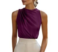 Dyhxuan Satin Oberteile Damen Ärmellose Satinbluse Elegant Rundhals Tank Top Plissee Satinshirt Casual Business Tanktops Festliche Damenblusen