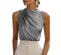 Dyhxuan Satin Oberteile Damen Ärmellose Satinbluse Elegant Rundhals Tank Top Plissee Satinshirt Casual Business Tanktops Festliche Damenblusen