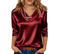 Dyhxuan Satin Oberteile Damen Wasserfall Ausschnitt Shirt Elegant Seide Bluse 3/4 Arm Shirt Festliche Satinbluse Casual Business Outfits
