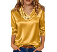 Dyhxuan Satin Oberteile Damen Wasserfall Ausschnitt Shirt Elegant Seide Bluse 3/4 Arm Shirt Festliche Satinbluse Casual Business Outfits