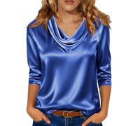 Dyhxuan Satin Oberteile Damen Wasserfall Ausschnitt Shirt Elegant Seide Bluse 3/4 Arm Shirt Festliche Satinbluse Casual Business Outfits