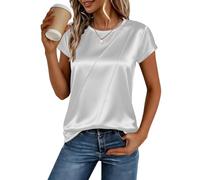 Dyhxuan Satin T-Shirt Damen Sommer Rundhals Oberteile Leicht Kurzarm Tops Falten Satinbluse Elegant Einfarbig Tshirt Casual Business Shirt