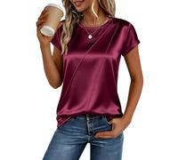 Dyhxuan Satin T-Shirt Damen Sommer Rundhals Oberteile Leicht Kurzarm Tops Falten Satinbluse Elegant Einfarbig Tshirt Casual Business Shirt