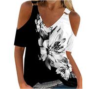 Dyhxuan Schulterfrei Bluse Damen Sexy V-Ausschnitt Tops Sommer Kurzarm T-Shirt Locker Tshirt Frauen Blumendruck Shirt Oberteile Blouse Blusenshirt Sommerbluse Blusentops Sommershirts Pullover
