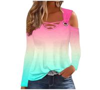 Dyhxuan Schulterfreies Oberteile Damen Casual V-Ausschnitt Langarmshirt Farbverlauf Tunika Trendy Autumn Oberteile Locker Langarm Pullover Elegant Off Shoulder Bluse Modisches Cold Shoulder Tops