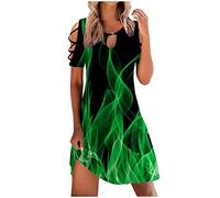 Dyhxuan Sommerkleid Damen Elegant Blusenkleid Kurzarm Schulterfrei Tunika Kleid Flammendruck A-Linien Kleid Locker Rundhals Strandkleid Knielang Urlaubskleid Partykleid Freizeitkleid Midikleid