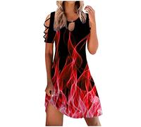 Dyhxuan Sommerkleid Damen Elegant Blusenkleid Kurzarm Schulterfrei Tunika Kleid Flammendruck A-Linien Kleid Locker Rundhals Strandkleid Knielang Urlaubskleid Partykleid Freizeitkleid Midikleid