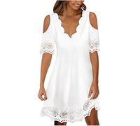 Dyhxuan Sommerkleid Damen Elegant Einfarbige Tunika Kleid V-Ausschnitt Midi Partykleid Kurzarm Schulterfrei A-Linien Kleid Knielang Strandkleid Slim Fit Blusenkleid Freizeitkleid Urlaubskleid